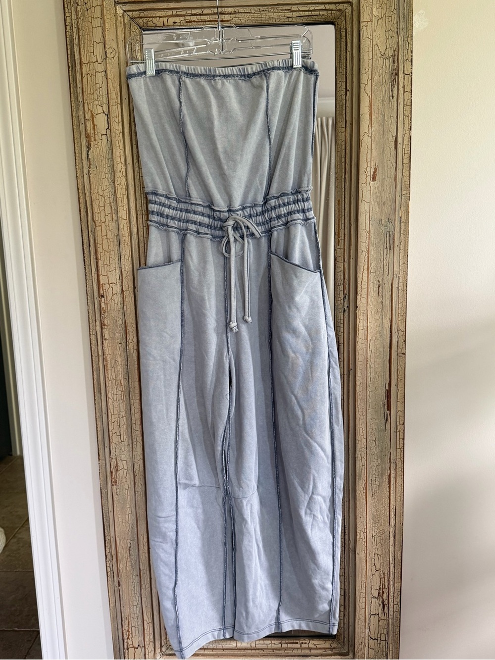 Light Blue Denim Strapless Drawstring Jumpsuit